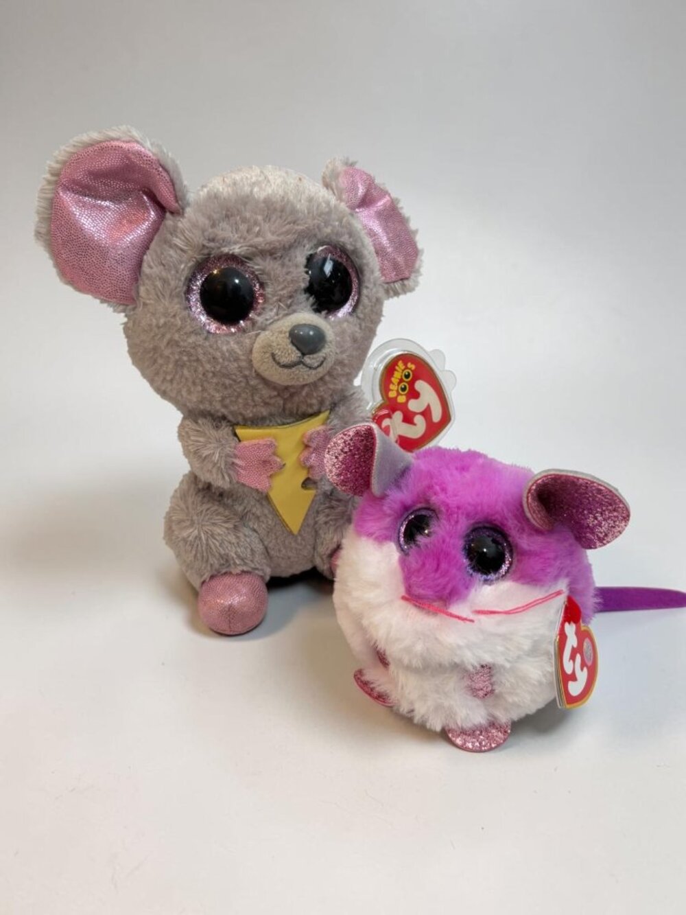 Ty Beanie Boos Mouse Ty Puffies  - Colby & Squeaker Pink & Gray - Sparkly Ears &